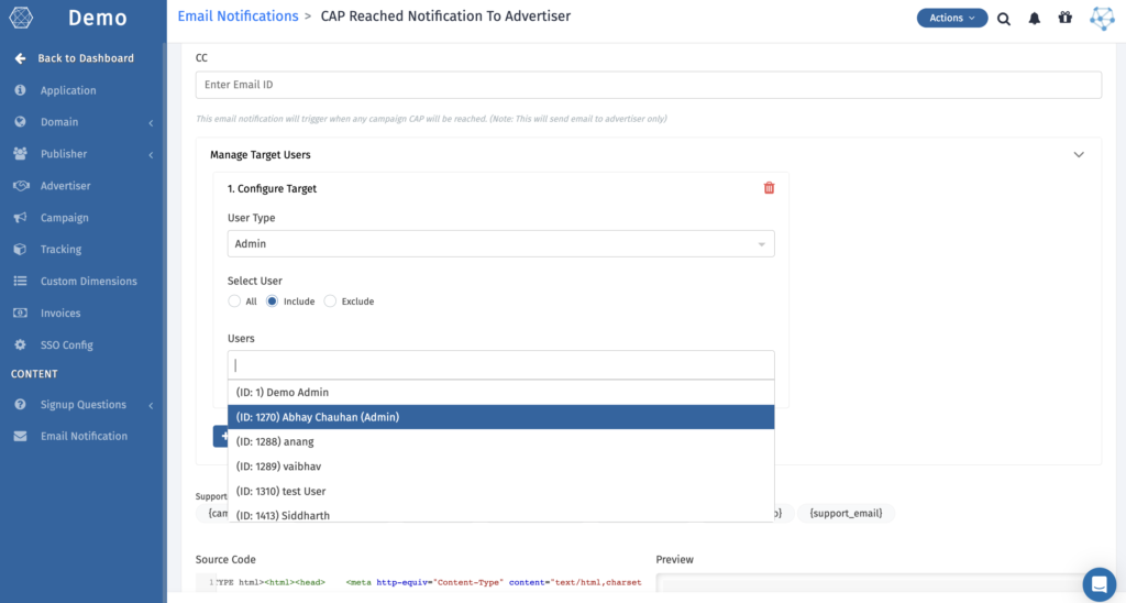 Send automated alerts to advertisers when CAP is reached