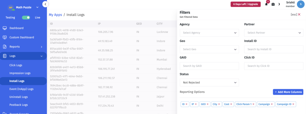 Filter install logs on the basis of GAID in MMP