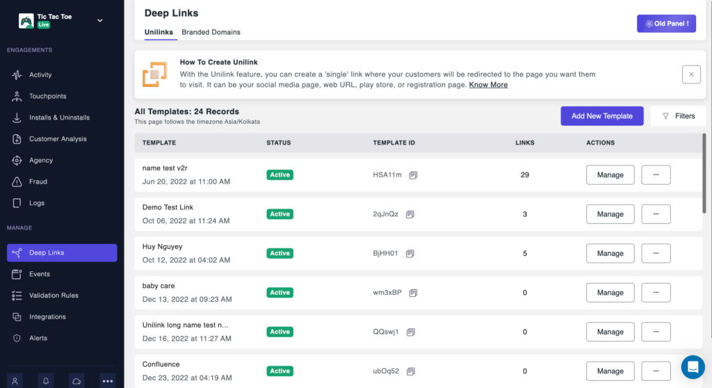 unilink dashboard in trackier mmp